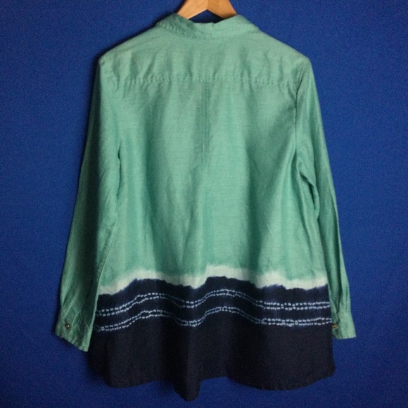 Donna Karan Shirt Large Linen Button Up Blues Teal Navy - Picture 10 of 12